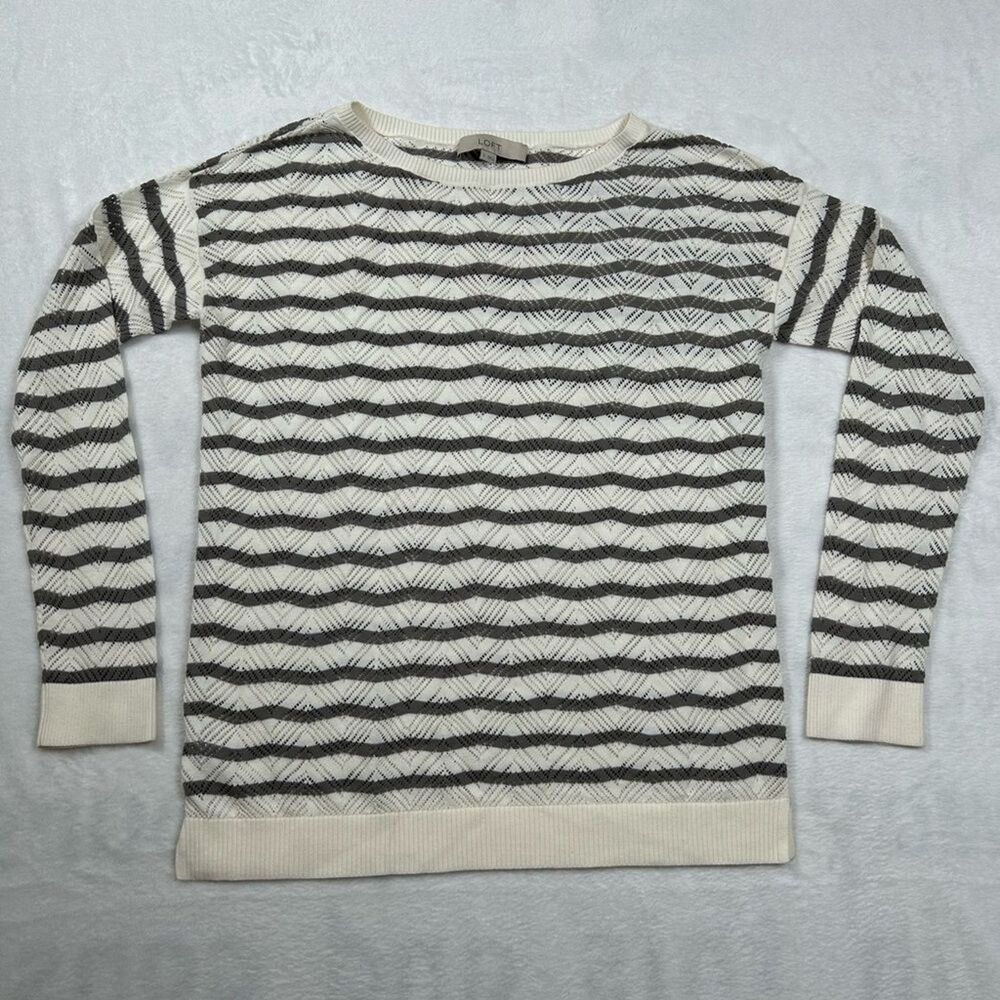 Ann Taylor Loft Chevron Open Knit Sweater Women’s Small Grey Cream Layering Cozy